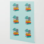 One more chapter // aqua background grey cat striped mug with plants red green and yellow books  Wallpaper Gallery Image 2