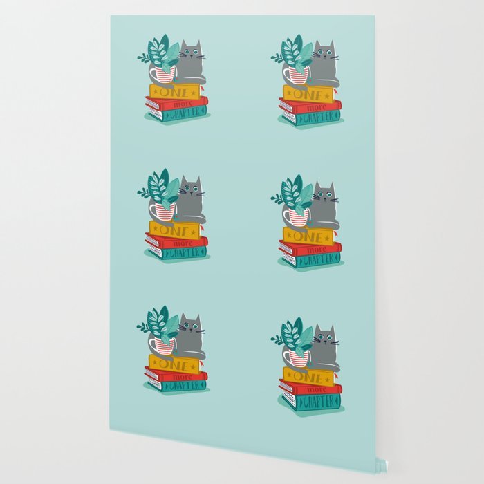 One more chapter // aqua background grey cat striped mug with plants red green and yellow books  Wallpaper Gallery Image 2