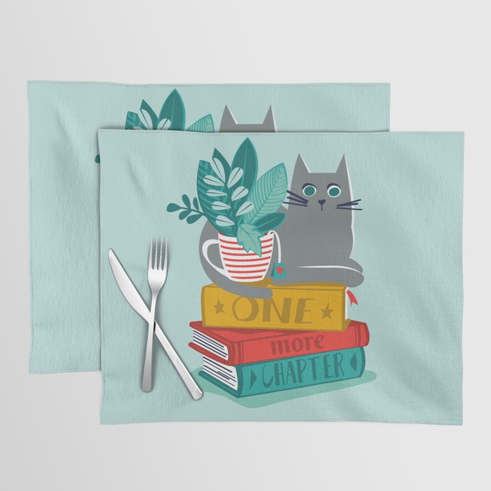 One more chapter // aqua background grey cat striped mug with plants red green and yellow books  Placemat Gallery Image 1