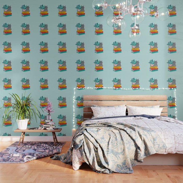 One more chapter // aqua background grey cat striped mug with plants red green and yellow books  Wallpaper Gallery Image 3