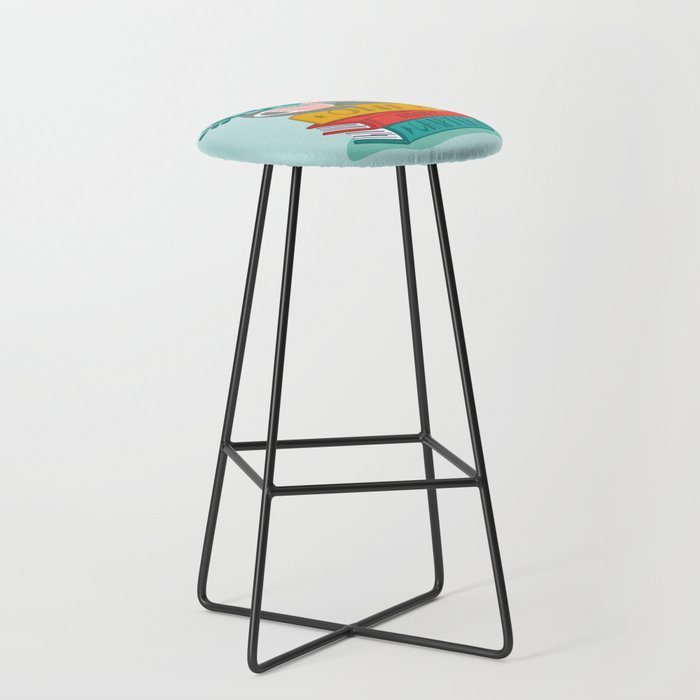 One more chapter // aqua background grey cat striped mug with plants red green and yellow books  Stool Gallery Image 1