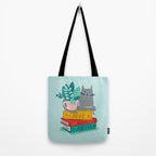 One more chapter // aqua background grey cat striped mug with plants red green and yellow books  Tote Bag Gallery Image 2