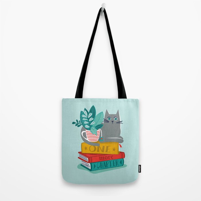 One more chapter // aqua background grey cat striped mug with plants red green and yellow books  Tote Bag Gallery Image 2