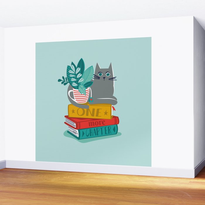 One more chapter // aqua background grey cat striped mug with plants red green and yellow books  Wall Mural Gallery Image 2