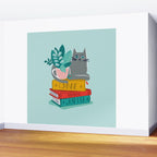 One more chapter // aqua background grey cat striped mug with plants red green and yellow books  Wall Mural Gallery Image 2