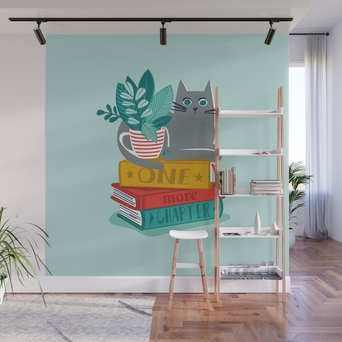 One more chapter // aqua background grey cat striped mug with plants red green and yellow books  Wall Mural Gallery Image 1