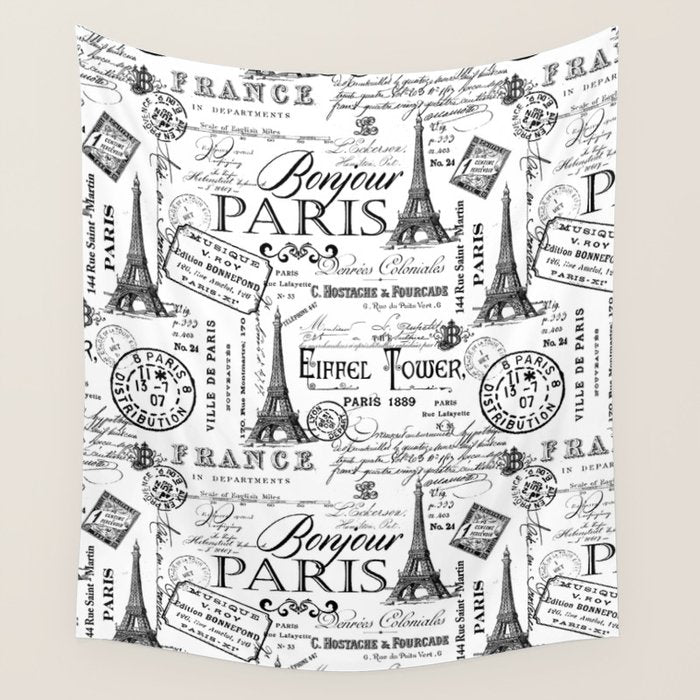 Vintage Paris Black And White Nostalgic Pattern Wall Tapestry Gallery Image 4