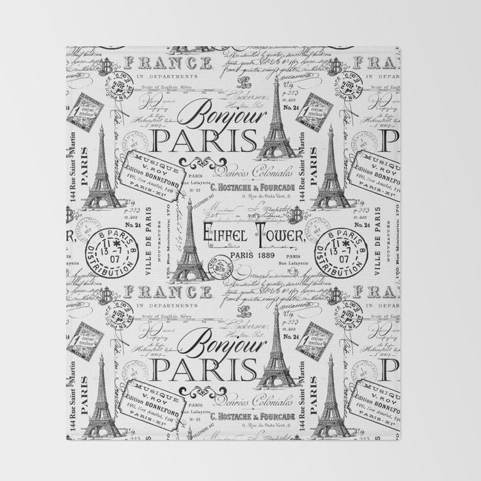 Vintage Paris Black And White Nostalgic Pattern Throw Blanket Gallery Image 2