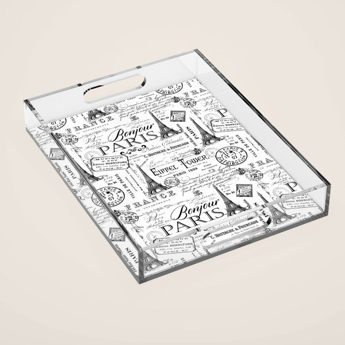 Vintage Paris Black And White Nostalgic Pattern Acrylic Tray Gallery Image 1