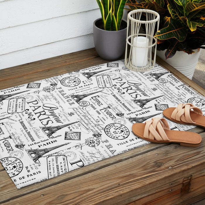Vintage Paris Black And White Nostalgic Pattern Outdoor Rug Gallery Image 2