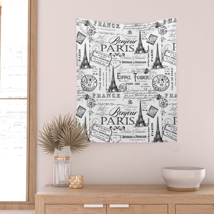 Vintage Paris Black And White Nostalgic Pattern Wall Tapestry Gallery Image 2
