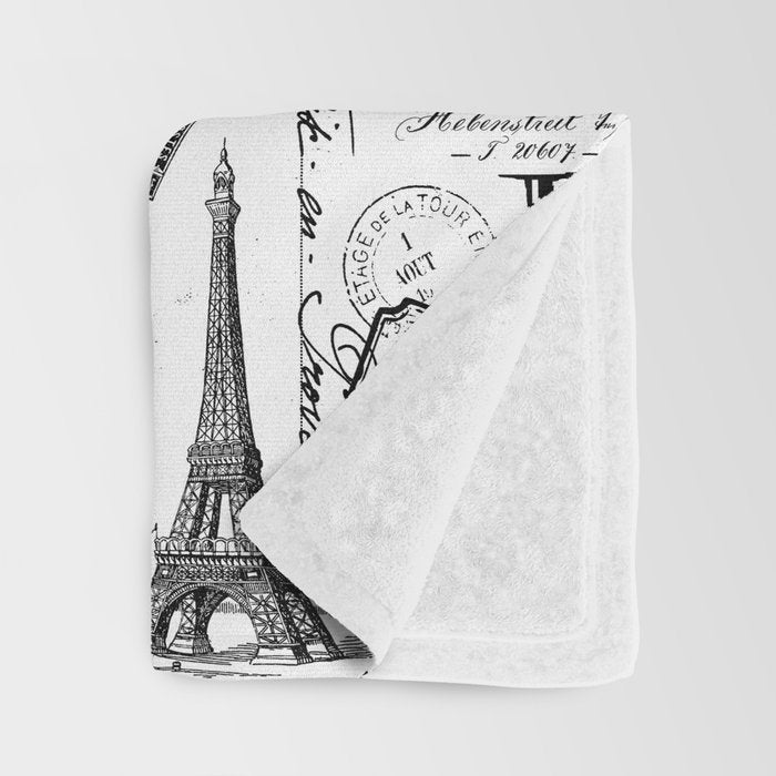 Vintage Paris Black And White Nostalgic Pattern Throw Blanket Gallery Image 3