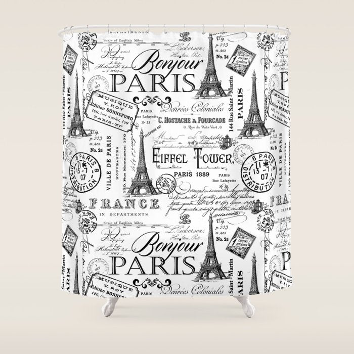 Vintage Paris Black And White Nostalgic Pattern Shower Curtain Gallery Image 1
