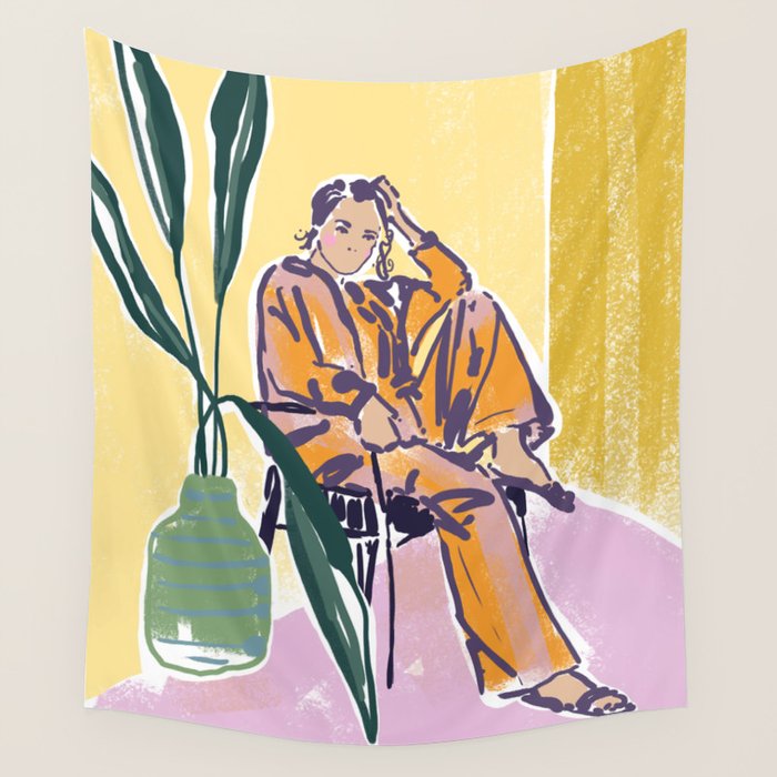 Woman wearing yellow pajamas Wall Tapestry Gallery Image 4