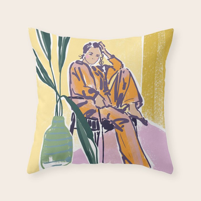 Woman wearing yellow pajamas Throw Pillow Gallery Image 6
