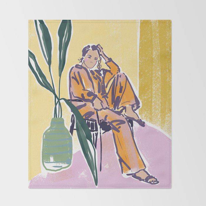 Woman wearing yellow pajamas Throw Blanket Gallery Image 2