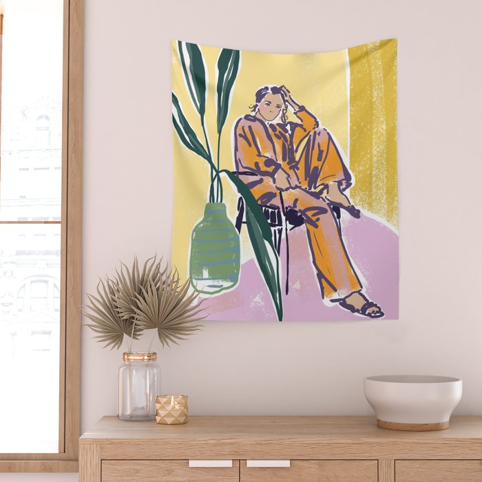 Woman wearing yellow pajamas Wall Tapestry Gallery Image 2