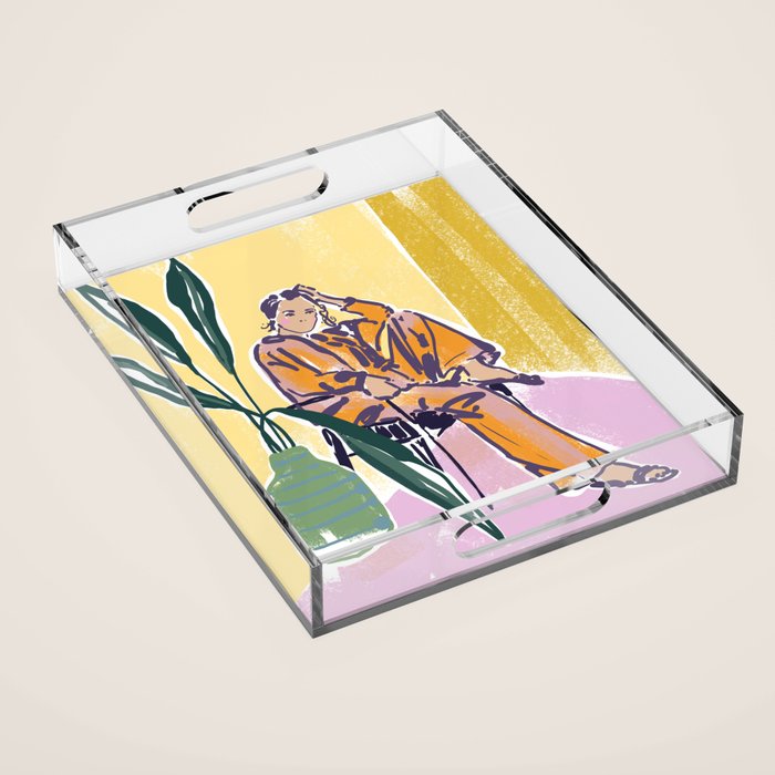 Woman wearing yellow pajamas Acrylic Tray Gallery Image 1