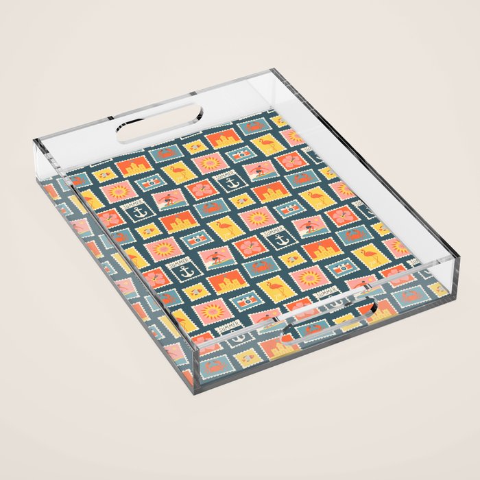 Vintage summer post stamp drawing pattern Acrylic Tray Gallery Image 1