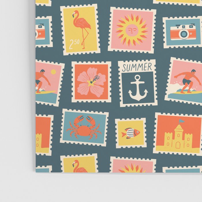 Vintage summer post stamp drawing pattern Poster Gallery Image 3