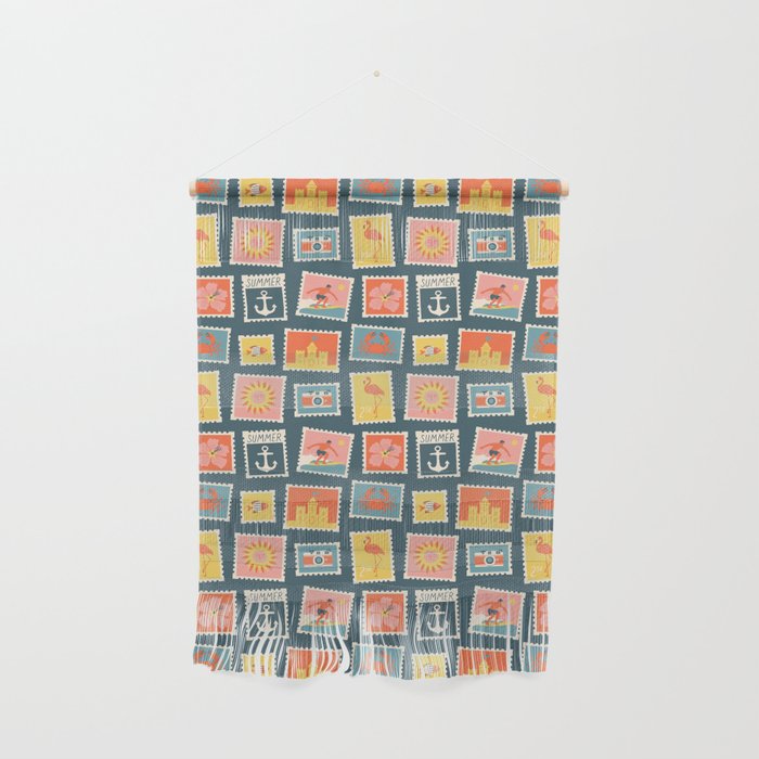 Vintage summer post stamp drawing pattern Wall Hanging Gallery Image 1