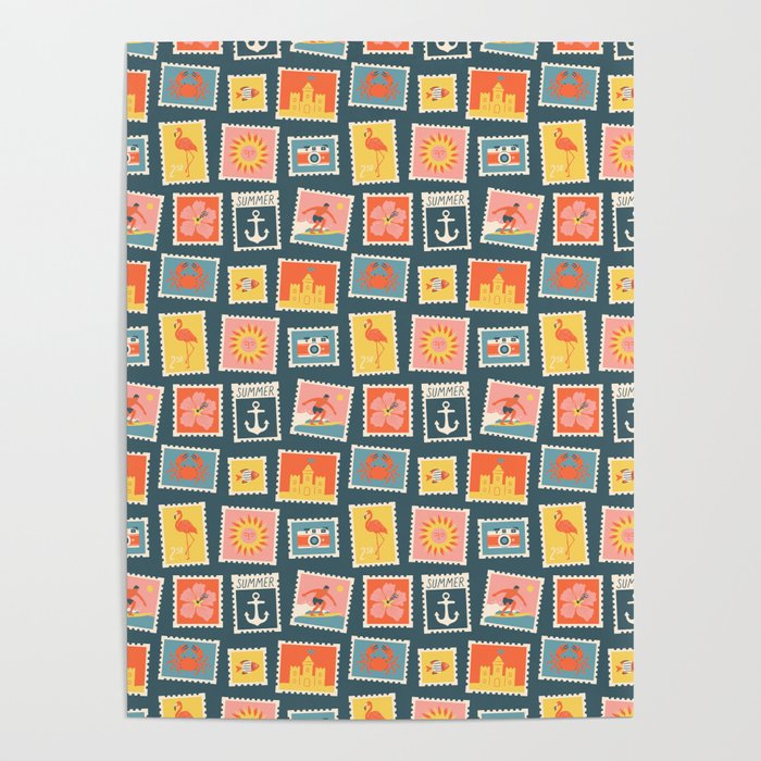 Vintage summer post stamp drawing pattern Poster Gallery Image 4