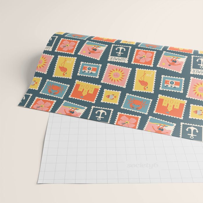 Vintage summer post stamp drawing pattern Wrapping Paper Gallery Image 2