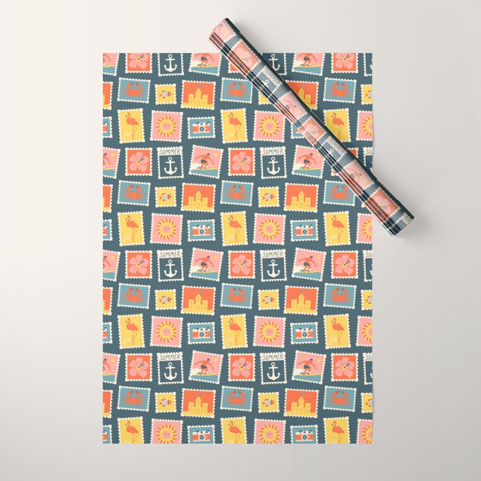 Vintage summer post stamp drawing pattern Wrapping Paper Gallery Image 1