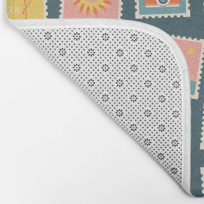 Vintage summer post stamp drawing pattern Bath Mat Gallery Image 2