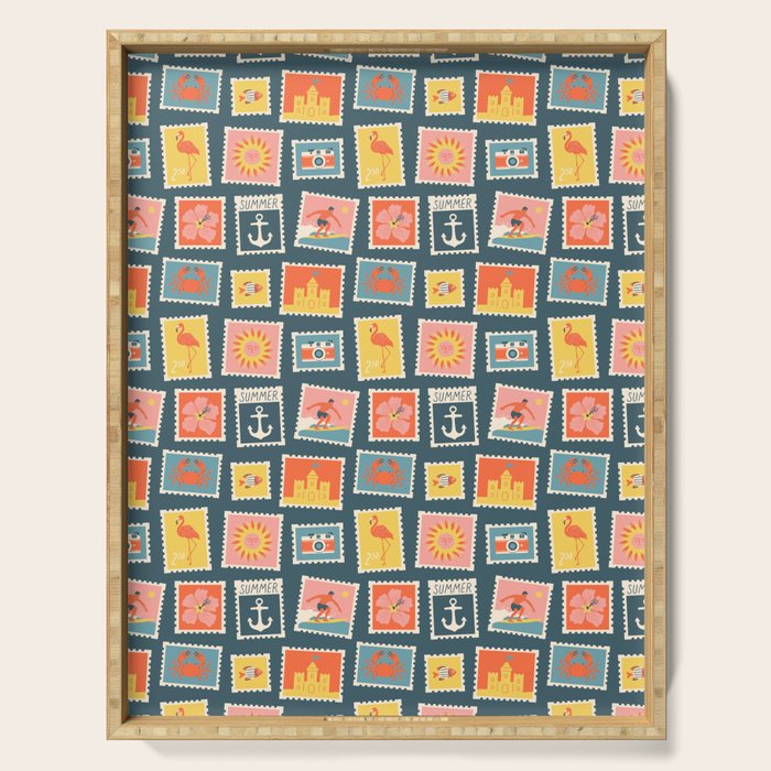 Vintage summer post stamp drawing pattern Serving Tray Gallery Image 1