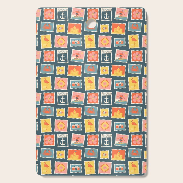 Vintage summer post stamp drawing pattern Cutting Board Gallery Image 1