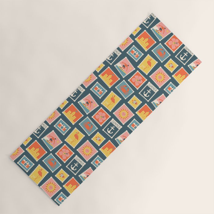 Vintage summer post stamp drawing pattern Yoga Mat Gallery Image 1