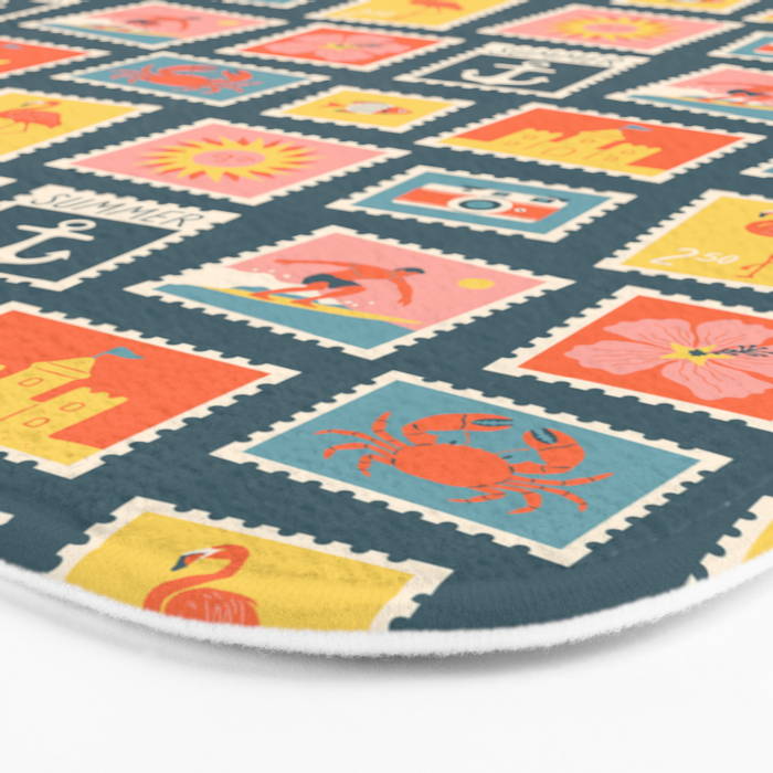 Vintage summer post stamp drawing pattern Bath Mat Gallery Image 3