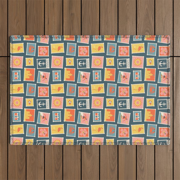 Vintage summer post stamp drawing pattern Outdoor Rug Gallery Image 1