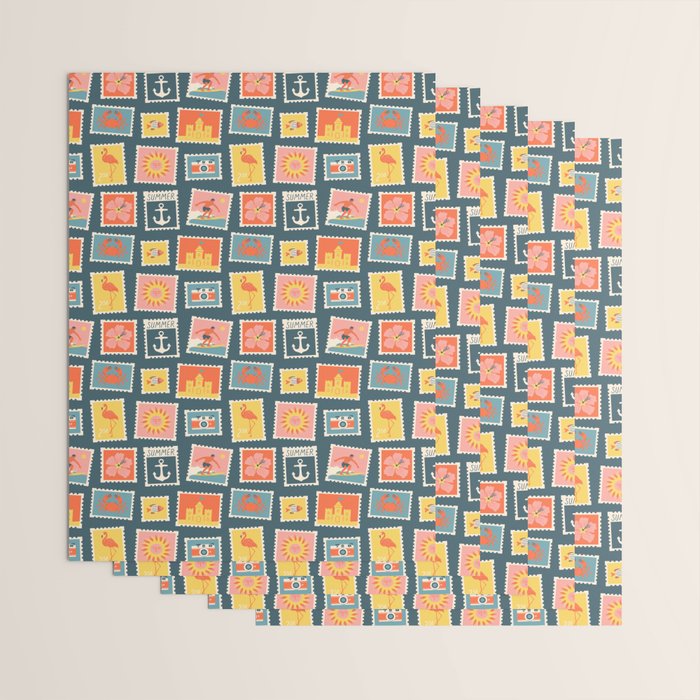 Vintage summer post stamp drawing pattern Wrapping Paper Gallery Image 3