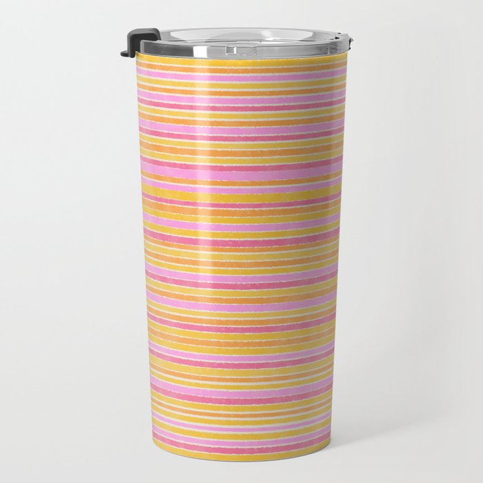 Summer Watercolor Fine Striped Pattern Pink Orange Yellow Travel Mug Gallery Image 3