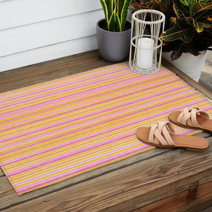Summer Watercolor Fine Striped Pattern Pink Orange Yellow Outdoor Rug Gallery Image 2