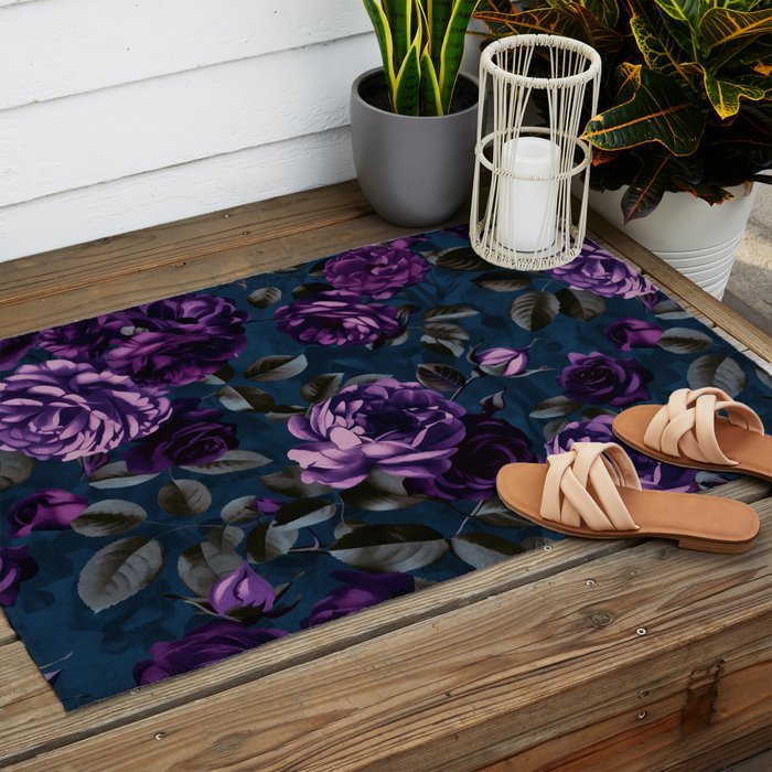 Velveteen Moody Flower Grandeur Plum Blue Teal Outdoor Rug Gallery Image 2