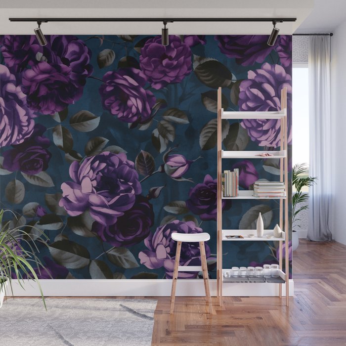 Velveteen Moody Flower Grandeur Plum Blue Teal Wall Mural Gallery Image 1