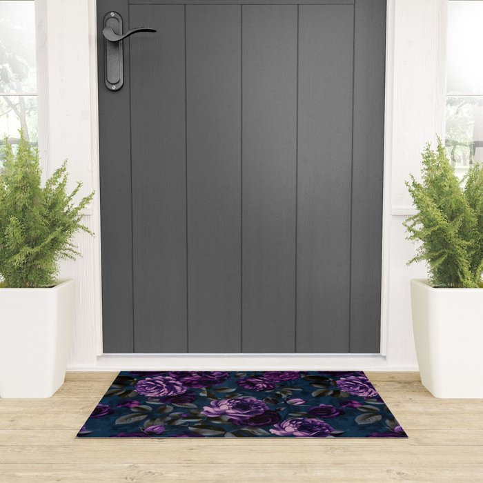 Velveteen Moody Flower Grandeur Plum Blue Teal Welcome Mat Gallery Image 3