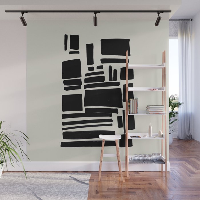 Black & White Minimalist Abstract Shapes Patterns Black Ink Painting Wall Mural Gallery Image 1