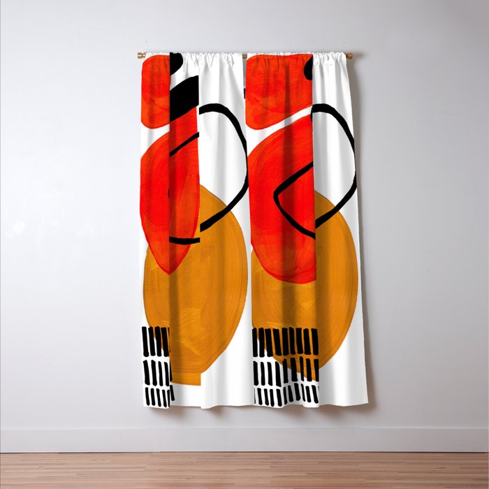Mid Century Modern Abstract Vintage Pop Art Space Age Pattern Orange Yellow Black Orbit Accent Window Curtain Gallery Image 3