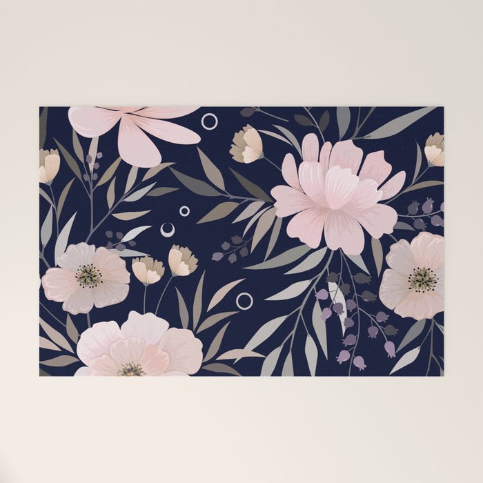 Festive, Modern, Floral Prints, Pink and Navy Welcome Mat Gallery Image 1