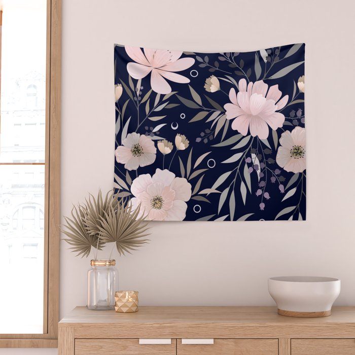 Festive, Modern, Floral Prints, Pink and Navy Wall Tapestry Gallery Image 2