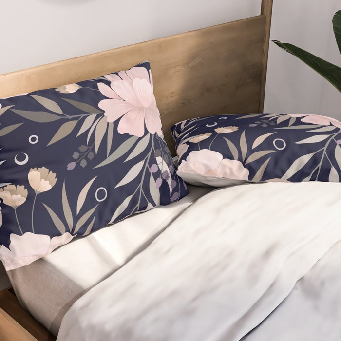 Festive, Modern, Floral Prints, Pink and Navy Pillow Sham Gallery Image 2