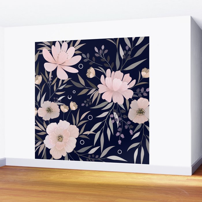 Festive, Modern, Floral Prints, Pink and Navy Wall Mural Gallery Image 2