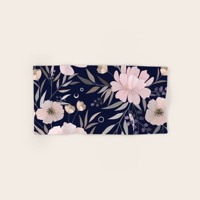 Festive, Modern, Floral Prints, Pink and Navy Bath Towel Gallery Image 1