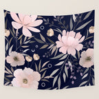 Festive, Modern, Floral Prints, Pink and Navy Wall Tapestry Gallery Image 4