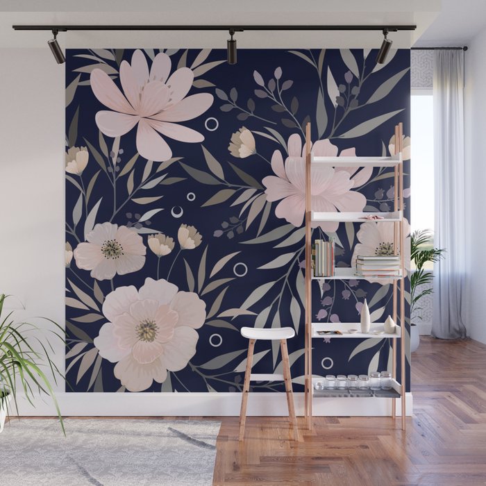 Festive, Modern, Floral Prints, Pink and Navy Wall Mural Gallery Image 1