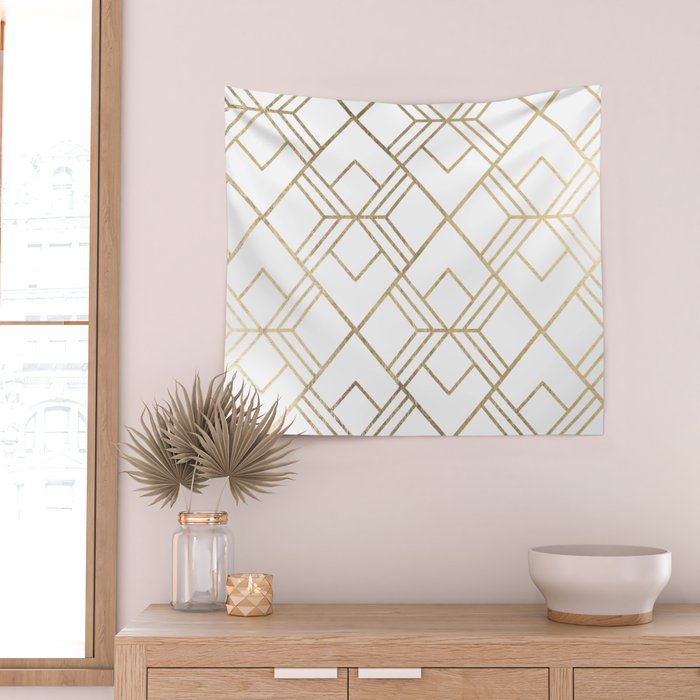 Geometrical white faux gold elegant stylish diamonds Wall Tapestry Gallery Image 2